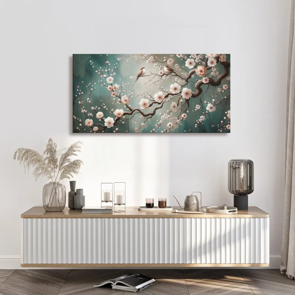 Quadro su tela – Ramo primaverile con uccellini
