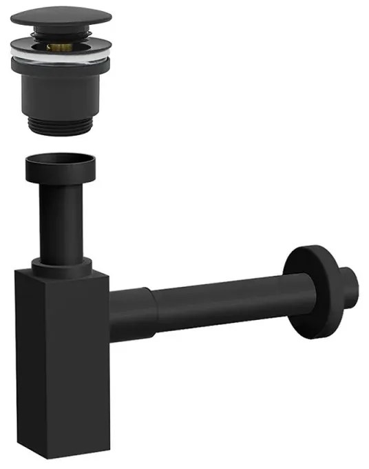 Sifone lavabo a canna quadrata nero opaco completo di piletta click clack