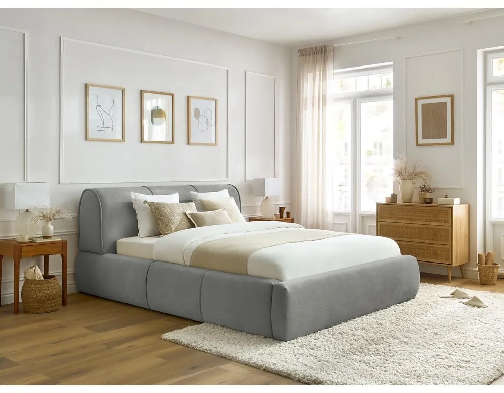 Letto matrimoniale imbottito grigio chiaro con vano contenitore con griglia 160x200 cm Vernon - Bobochic Paris