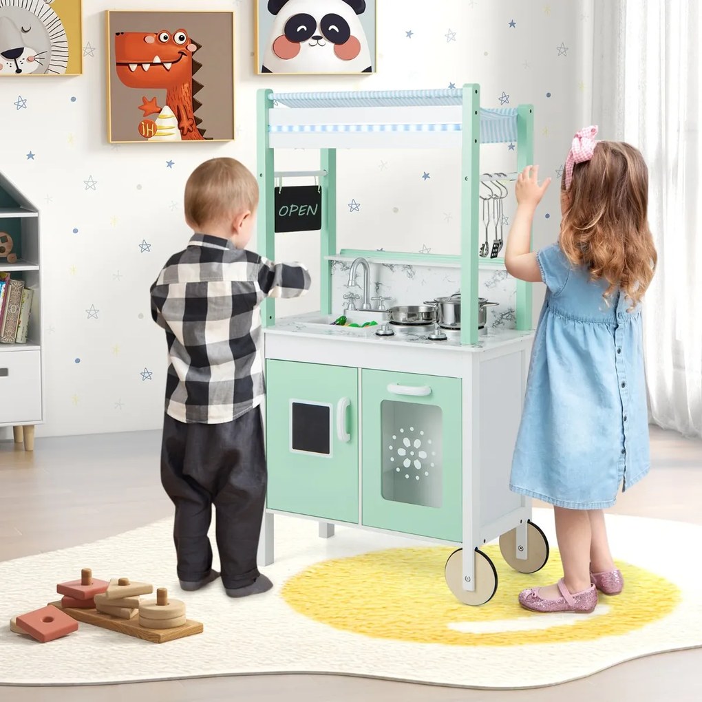 Costway Cucina giocattolo doppia faccia in legno, Set di cucina per bambini con telecomando e barre luminose a LED Verde