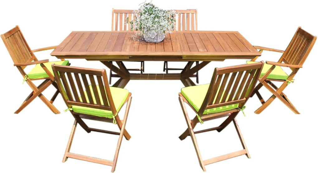 CAESAR - set tavolo in legno massiccio di acacia cm 150/200 x 90 x 78 h con 4 sedie e 2 poltrone Dresda