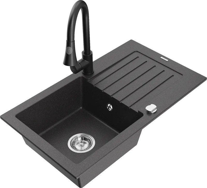 Mexen Pablo lavello in granito 1-vasca con gocciolatoio e rubinetto da cucina Elia, nero maculato - 6510-76-670101-70
