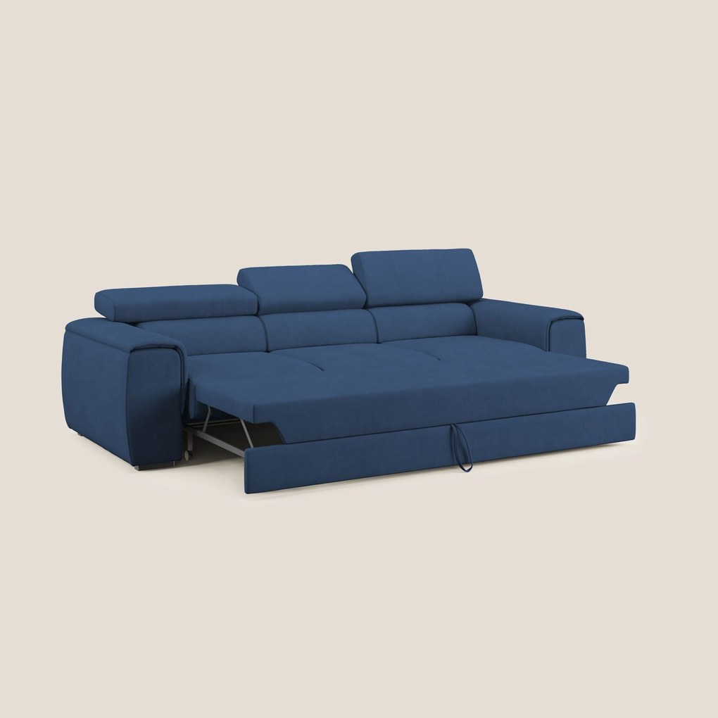 Zeno Divano con pouf estraibile poggiapiedi a 3 sedute in tessuto morbido impermeabile T02 blu