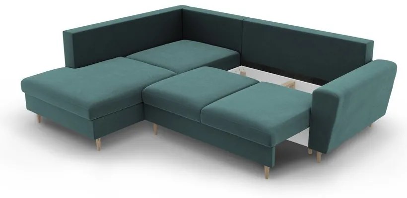 Divano angolare color petrolio allungabile e con contenitore (con penisola a sinistra/a L) con rivestimento in velluto Kyoto – Cosmopolitan Design