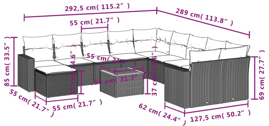 Set Divani da Giardino 12 pz con Cuscini Grigio in Polyrattan