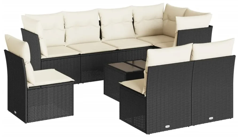 Set divani da giardino 9 pz con cuscini nero in polyrattan
