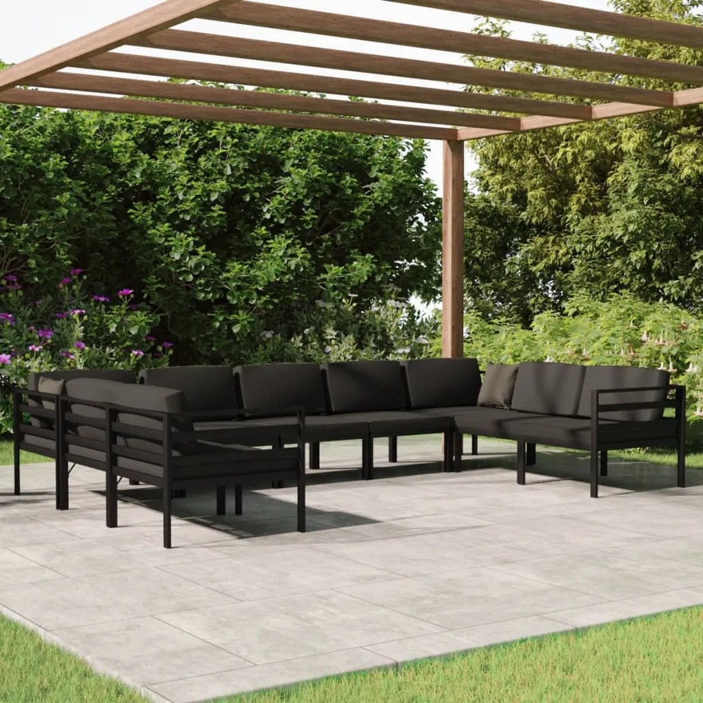 Set divani da giardino 9 pz con cuscini in alluminio antracite