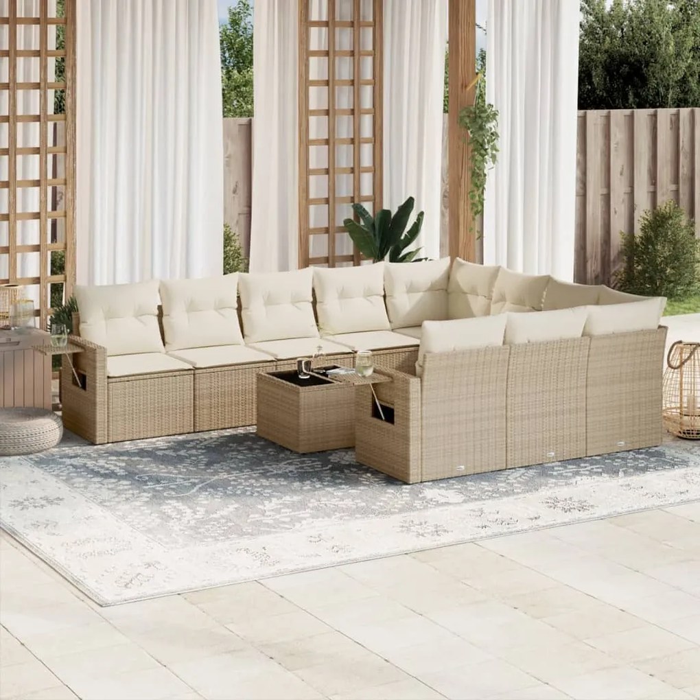 Set divani da giardino 11 pz con cuscini beige in polyrattan