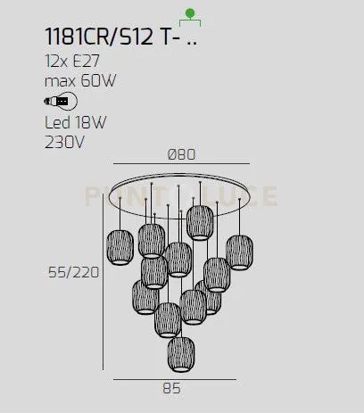 Sospensione cromo 12 luci tonda vetri 6x tr + 6x bf 1181cr-s12 t-bt