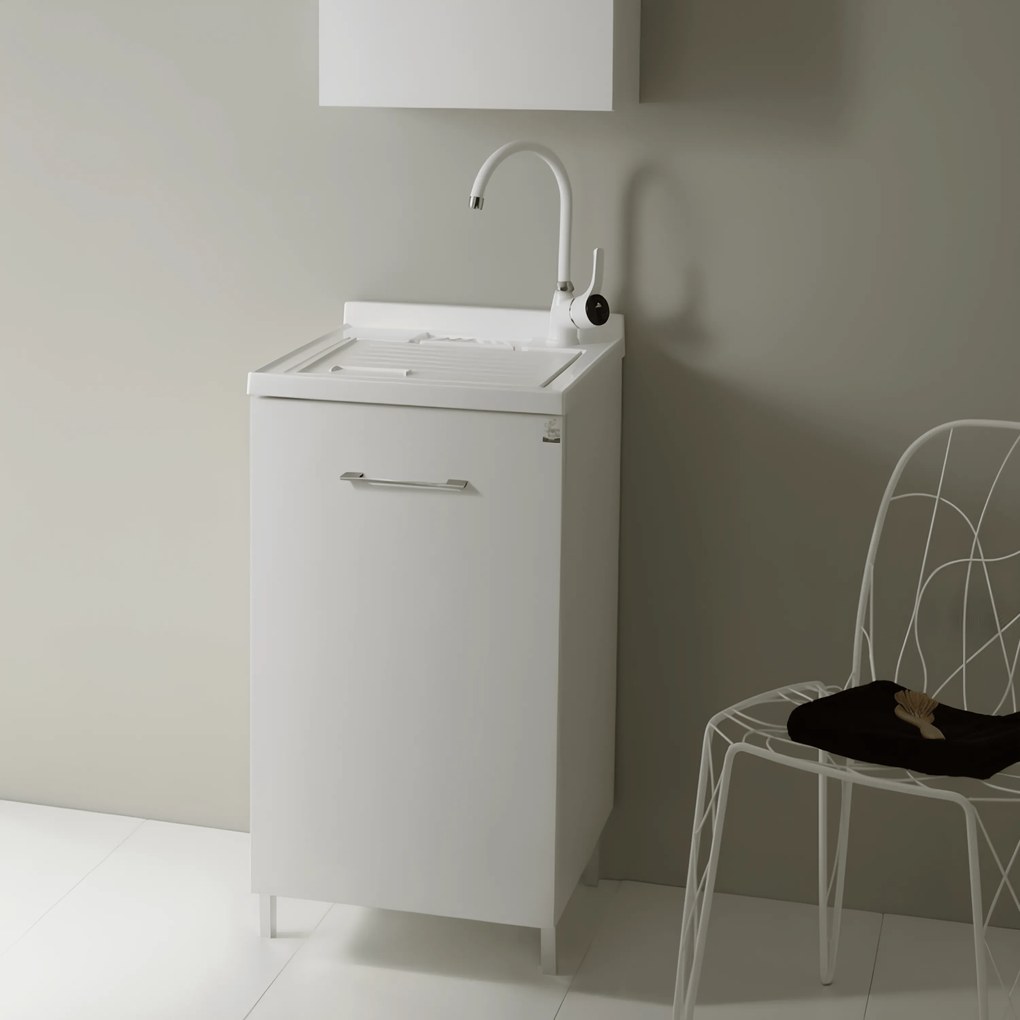 Lavatoio a Terra 45x50 Un'Anta Con Vasca Sifone e Tavoletta in Polipropilene Xilon "Lavanderina" Bianco Opaco
