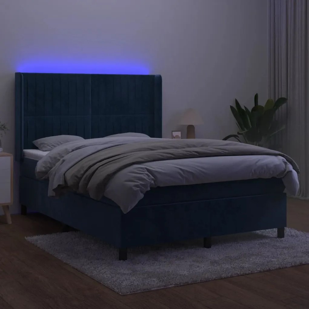 Letto a molle con materasso e led blu scuro 140x190 cm