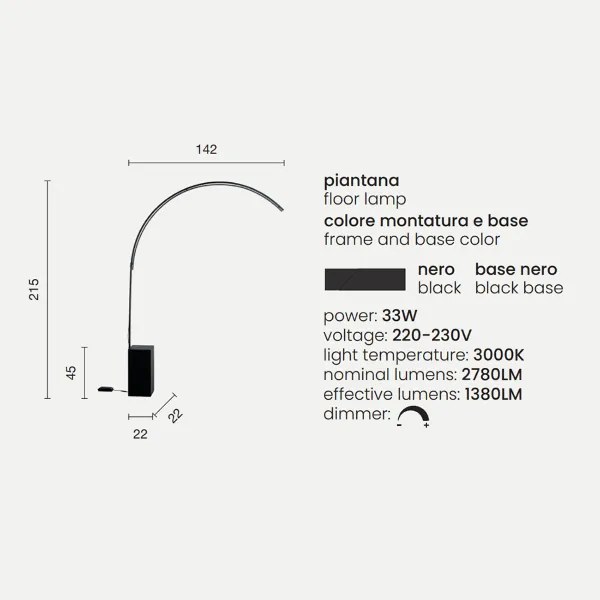 Lampada piantana LED BIBLIO in metallo verniciato Nero 142x215 cm
