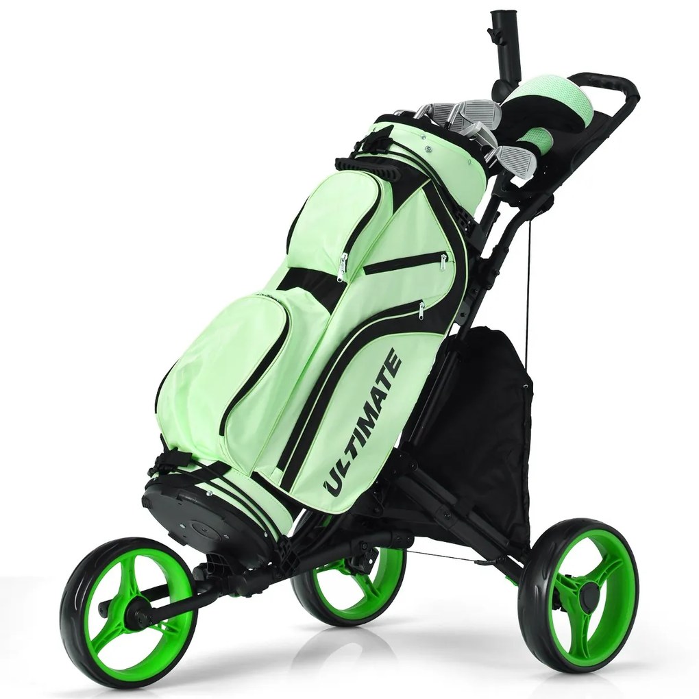 Costway Carrello da golf a spinta con 3 ruote, Carrello pieghevole con borsa rivestita in alluminio cinghia Verde