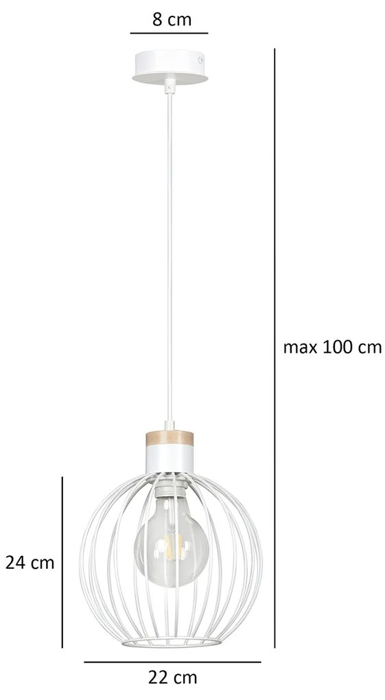 Sospensione 1 Luce Morgana Paralume A Gabbia In Acciaio Bianco E Legno Naturale