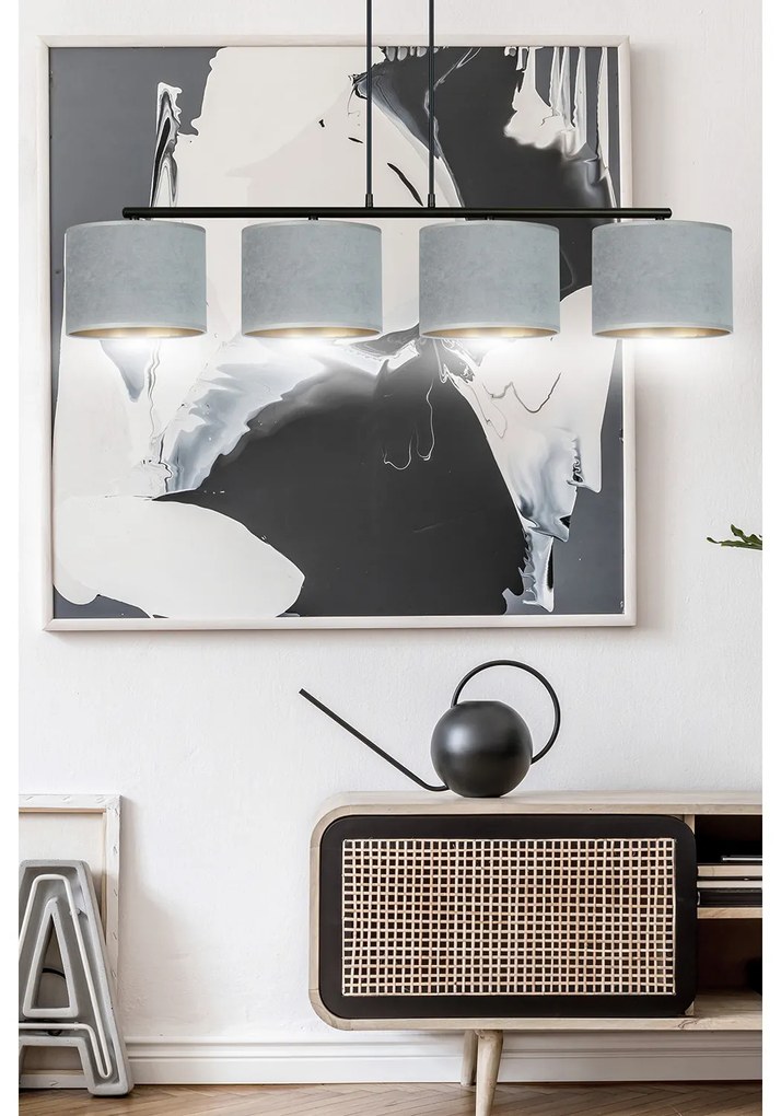 Lampadario 4 Luci Ganesha In Acciaio Nero E Paralumi In Tessuto Grigio