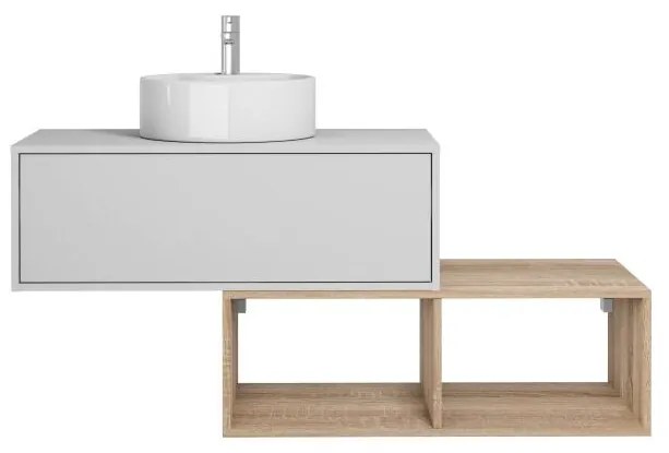 Mobile per bagno sospeso con lavabo tondo 1 cassetto Bianco e 2 nicchie Naturale chiaro 94 cm - TEANA II
