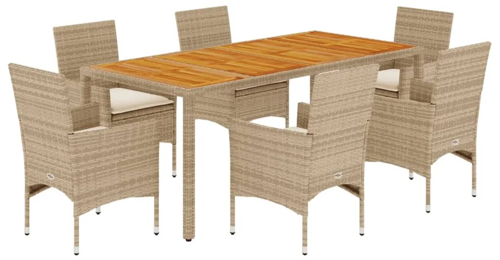 Set pranzo da giardino 7 pz con cuscini beige polyrattan acacia