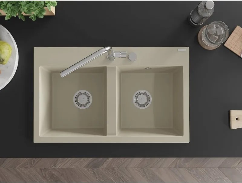 Mexen Hektor lavello in granito a 2 vasche 800 x 480 mm, beige, sifone cromato - 6521802000-69