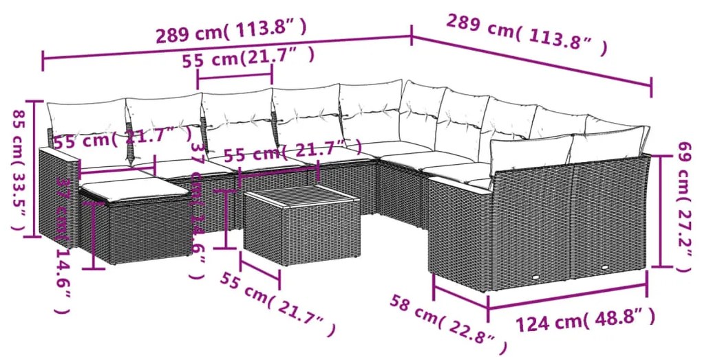 Set divani da giardino 12 pz con cuscini beige in polyrattan