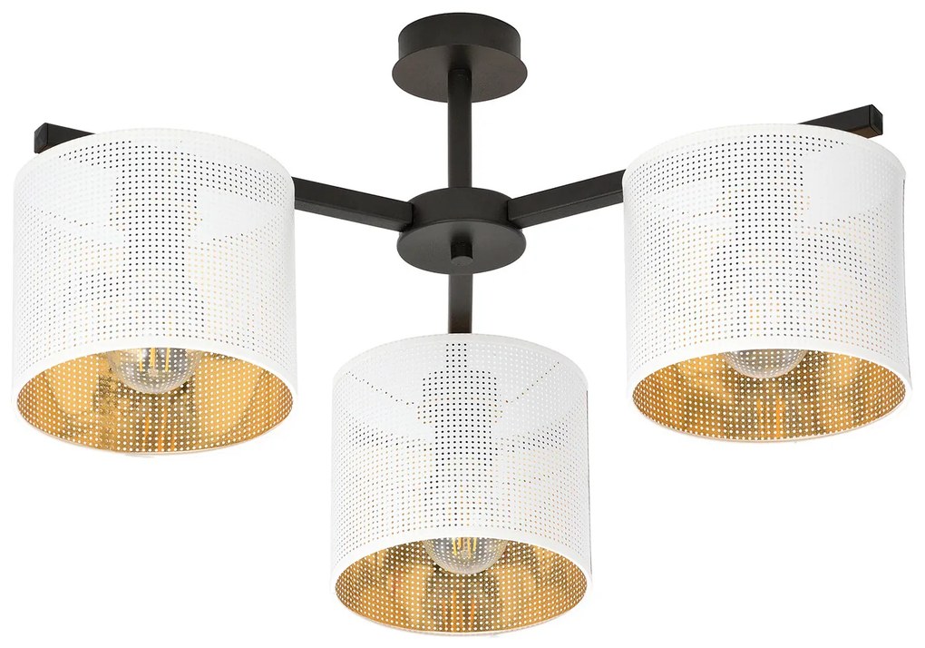 Plafoniera Industrial 3 Luci Cigno In Acciaio Bianco E Paralumi A Cilindro Oro