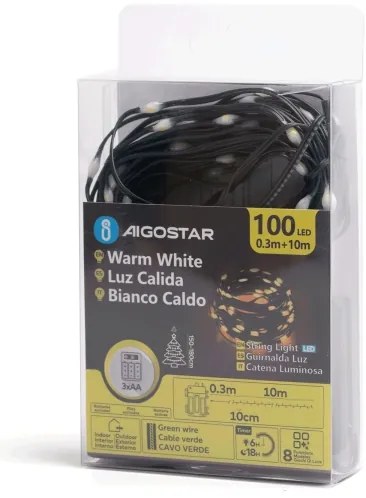 Aigostar - Catena LED esterna 100 LED, 8 funzioni, 3xAA, 10,3m, IP44, bianco cal