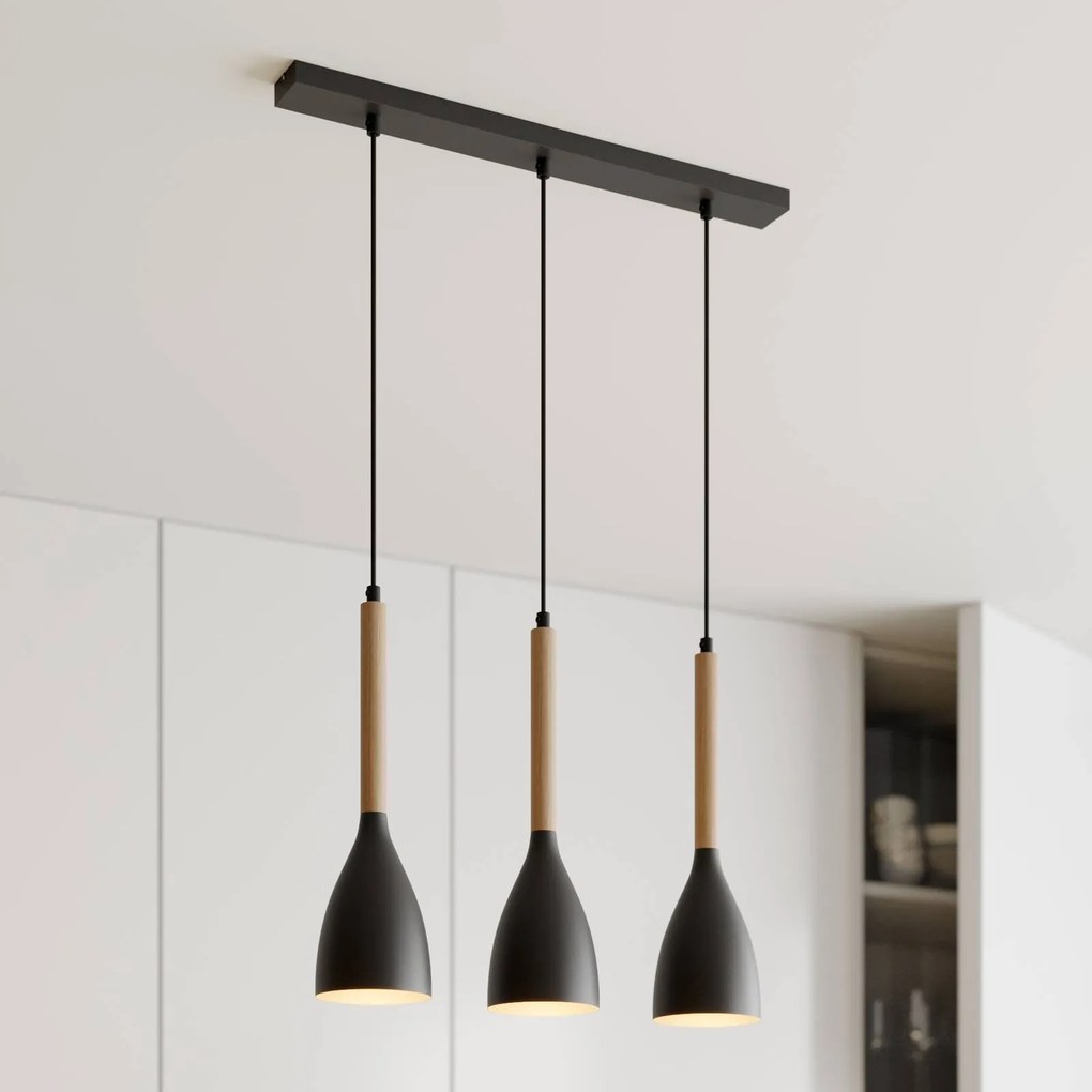 Luminex Lampada a sospensione Muza a 3 luci lunga nera/legno chiaro