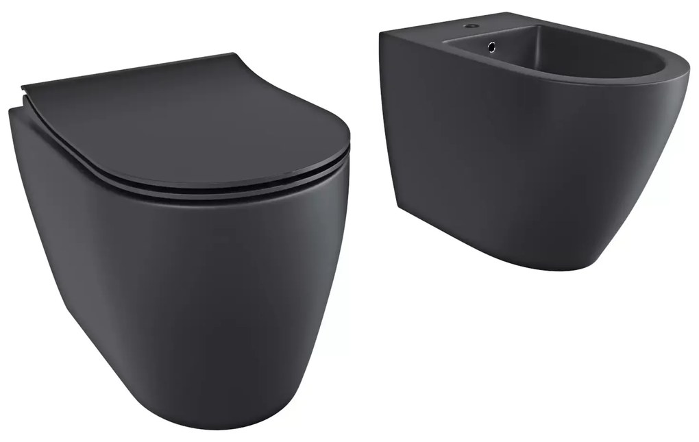 Coppia Sanitari Filomuro Filo Muro Filo Parete Vaso WC E Bidet Design Moderno In Ceramica Con Copriwater Chiusura Soft Close Chiusura Rallentata Colore Nero Opaco