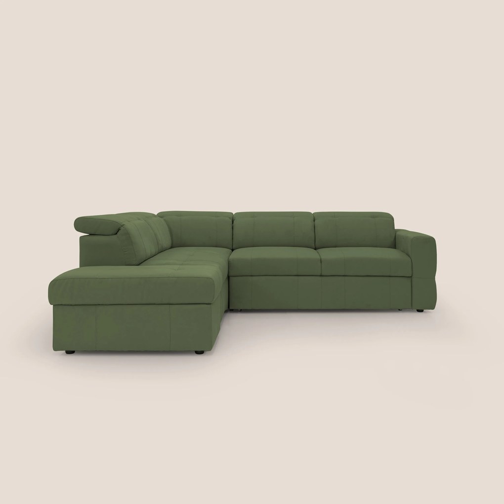 Kronos Divano angolare con poggiapiedi estraibile e pouf contenitore mobile in microfibra impermeabile T11 verde