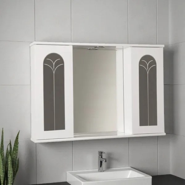 Specchiera bagno Bianco Lucido 92 cm a 2 ante palme con luce LED