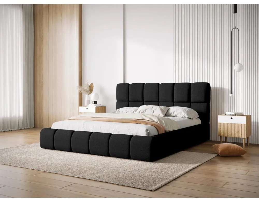 Letto matrimoniale imbottito nero con contenitore con griglia 140x200 cm Bellis - Micadoni Home