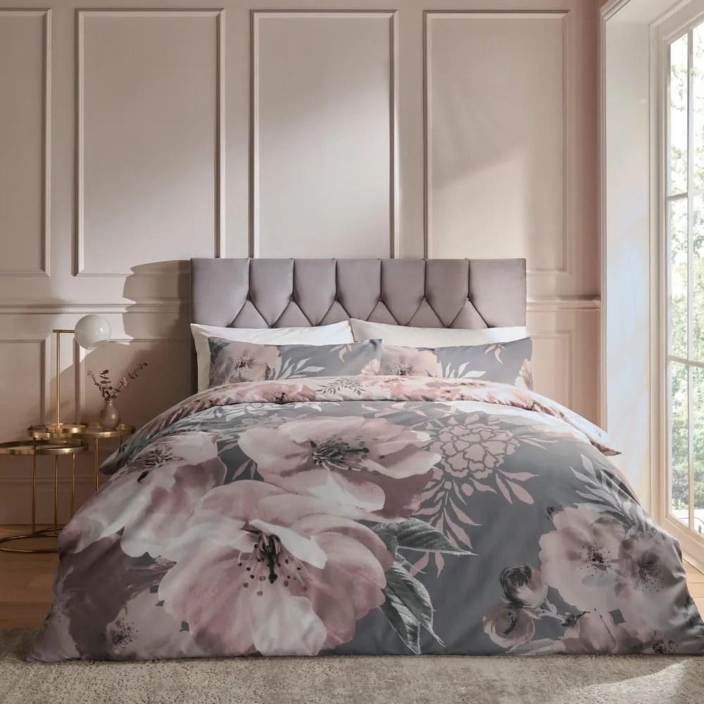 Set copripiumino e federa rosa e grigio per letto matrimoniale e per letto esteso 230x220 cm Dramatic Floral – Catherine Lansfield