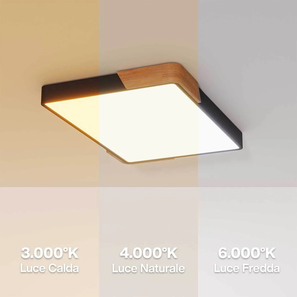 Plafoniera LED Rettangolare 30W CCT 60x40cm Legno/Nero