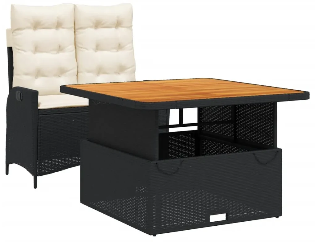 Set da pranzo da giardino 2 pz con cuscini nero in polyrattan