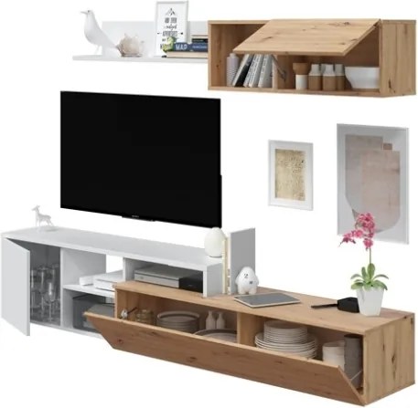 Parete Attrezzata Reversibile 220 Cm Con Mobile TV E Modulo Sospeso Julia Rovere E Bianco