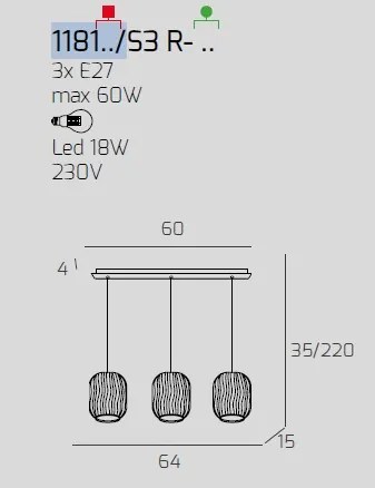 Sospensione ottone sat. 3 luci rettangolare vetri tr + 2x am 1181os...