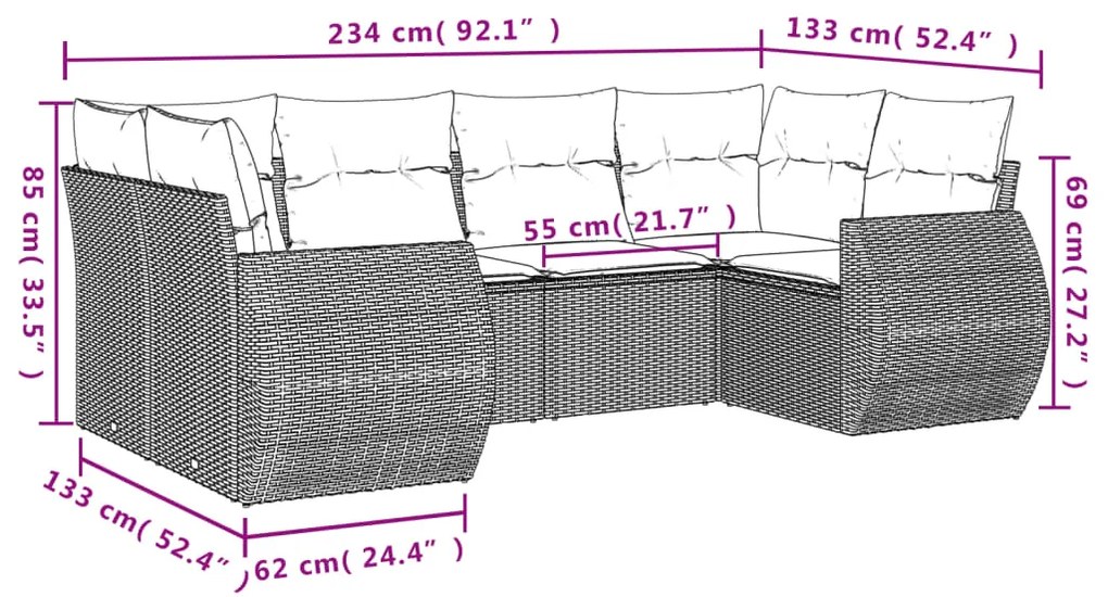 Set Divano da Giardino 6 pz con Cuscini Nero in Polyrattan