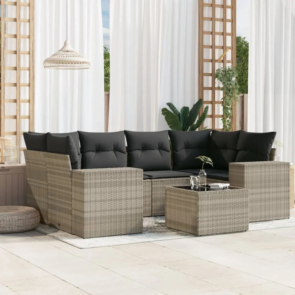 Set divani da giardino 7pz con cuscini grigio chiaro polyrattan