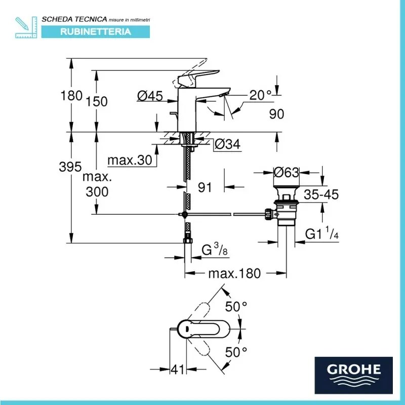 Miscelatore lavabo cromo Grohe Bauedge con piletta taglia S