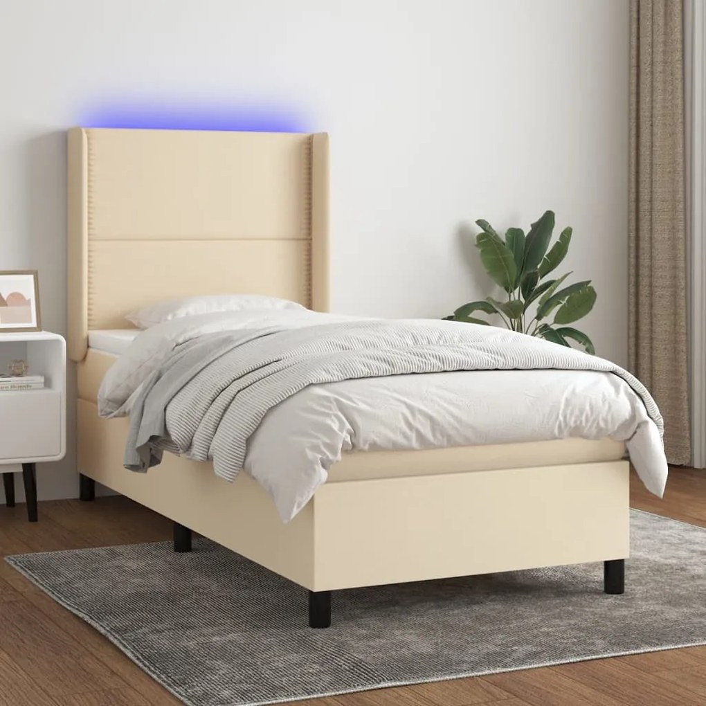 Letto a molle con materasso e led crema 100x200cm in tessuto