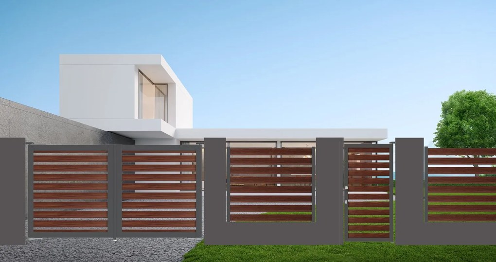 Cancello automatico battente Maia120-40 ALBA in alluminio noce telaio grigio, apertura centrale, L 350 x H 160 cm