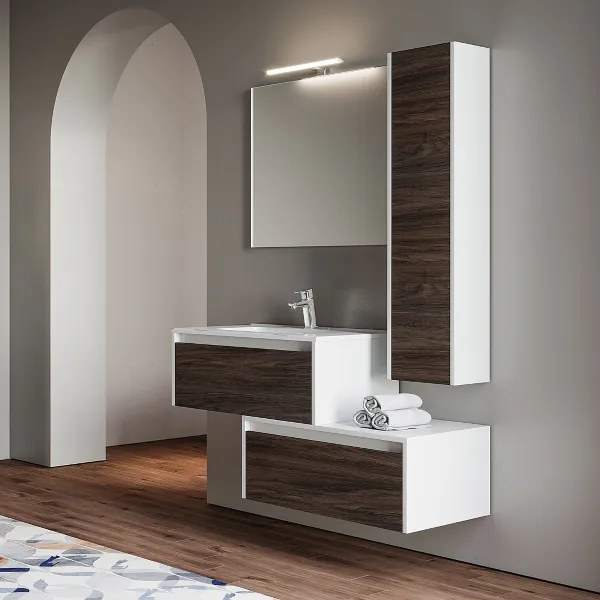 Mobile bagno sospeso con lavabo e doppia base 82 con cassetto LUNA2 Bianco/olmo caffč