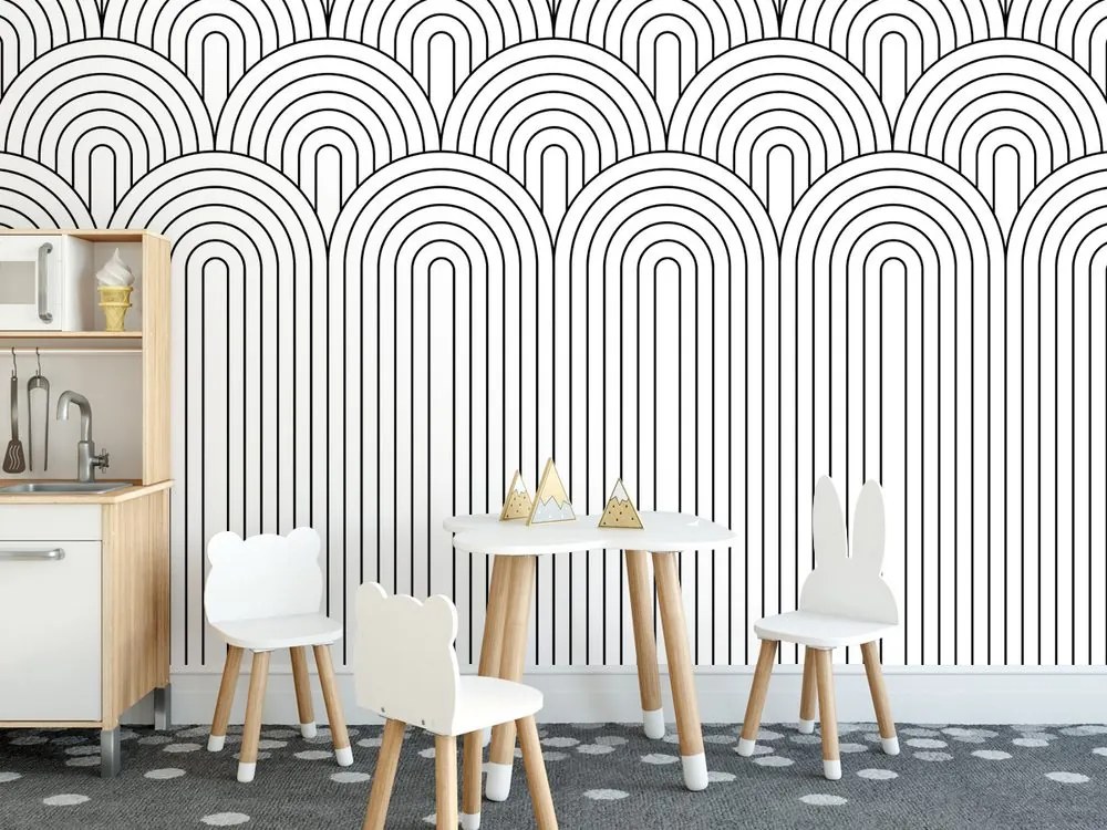 Carta da parati – Motivo arcobaleno in bianco e nero Mid-Century