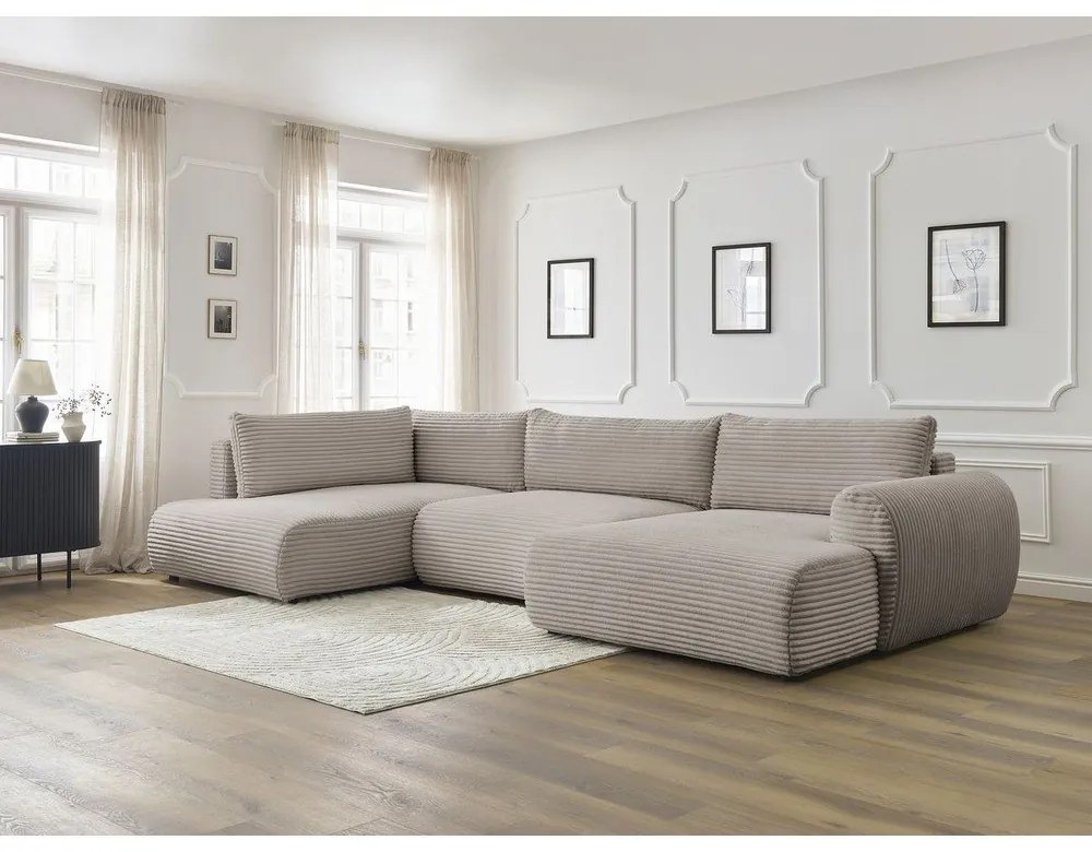 Divano angolare in grigio chiaro/beige allungabile (con penisola a destra/a forma di "U") con rivestimento in velluto a coste Lucien – Bobochic Paris