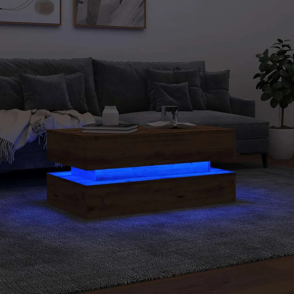 Tavolino da salotto con luci led rovere artigianale 90x50x40 cm