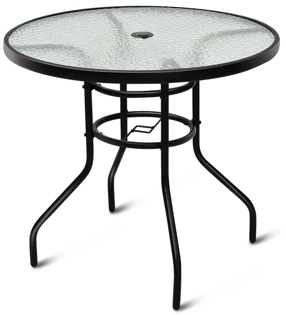 Costway Tavolino da caffè con superficie in vetro temperato e foro ombrellone, Tavolino rotondo per interno ed esterno Nero
