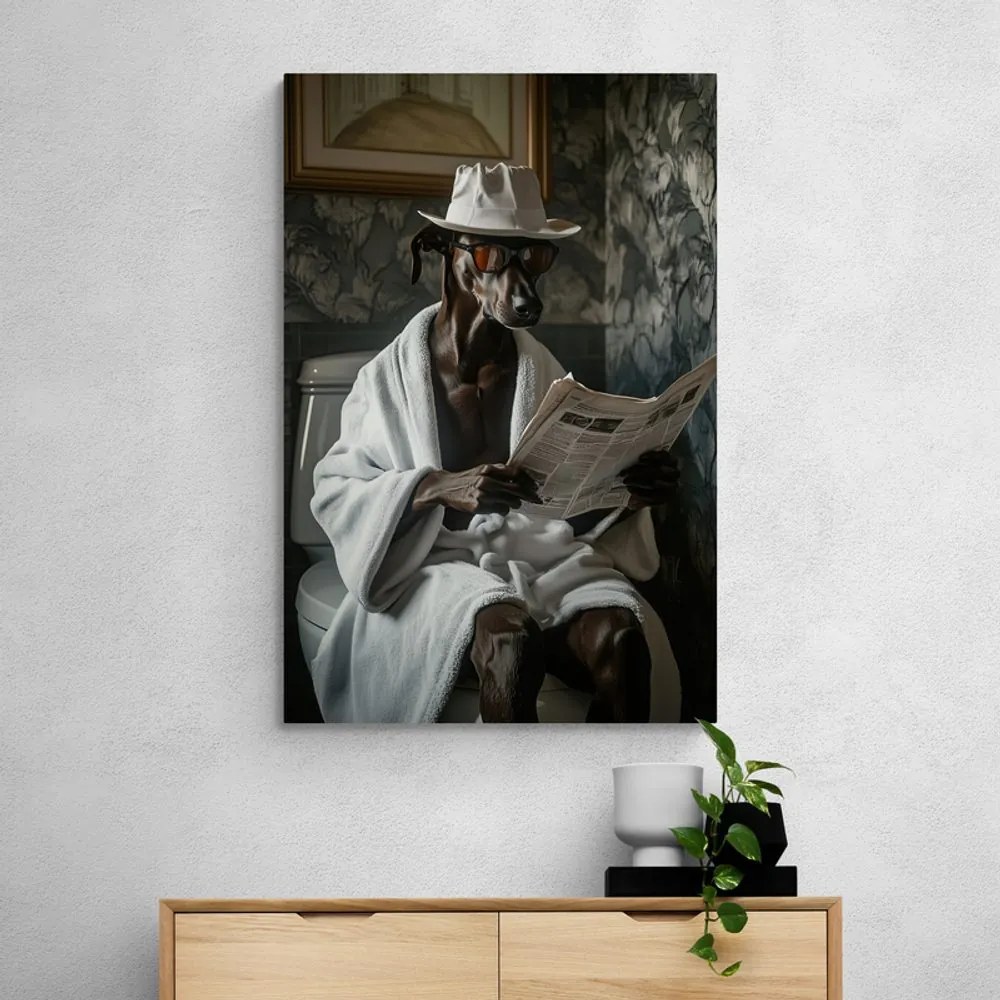 Quadro su tela – Cane con giornale in bagno