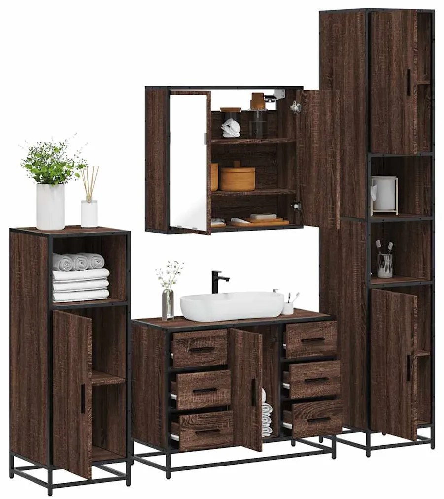 Set Mobili Da Bagno 4 Pz Rovere Marrone İn Legno Multistrato /
