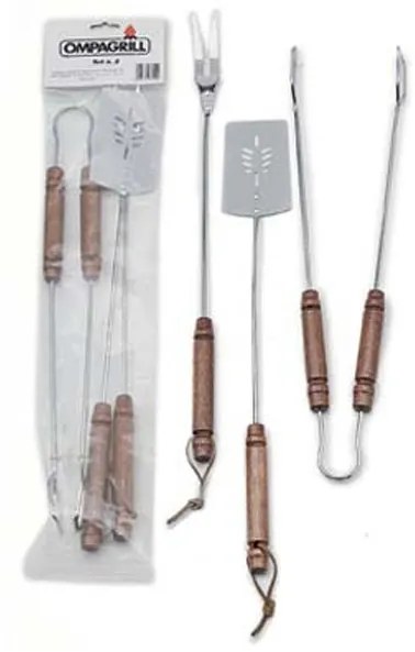 Set 3 Attrezzi Per Barbecue Pinza Paletta E Forchettone 55 Cm In Acciaio Inox E Legno