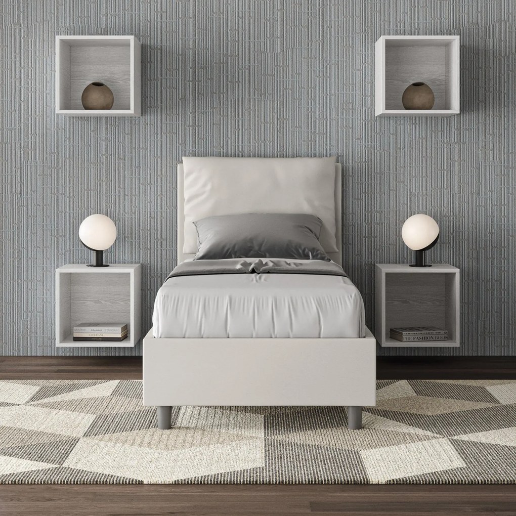 Letto singolo imbottito similpelle Antea senza rete, con rete e contenitore, Bianco / Contenitore