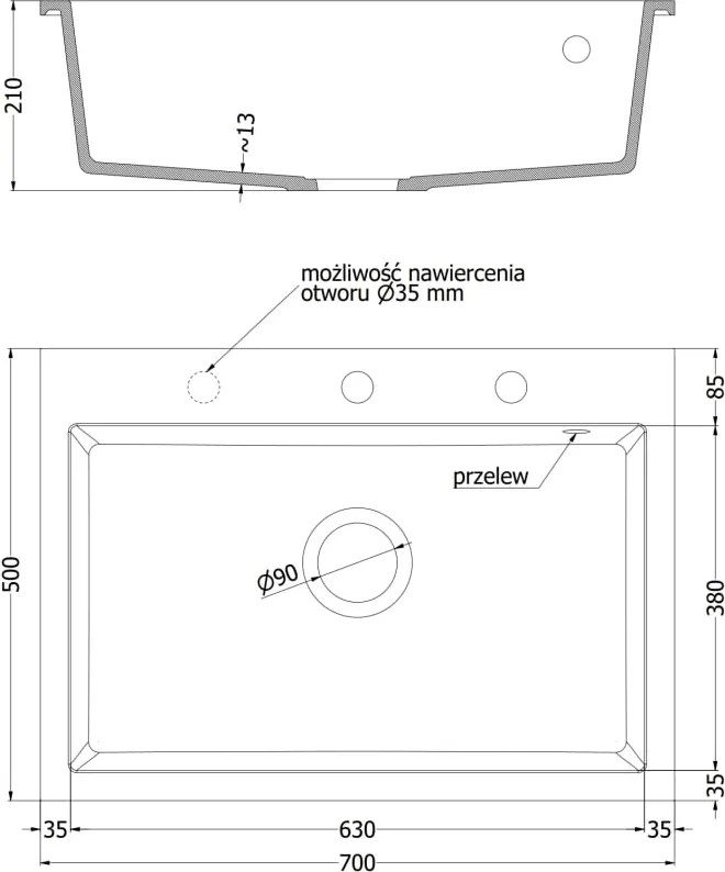 Mexen Elix lavello da cucina in granito 1-vasca 700 x 500 mm, nero maculato, sifone cromato - 6526701005-76